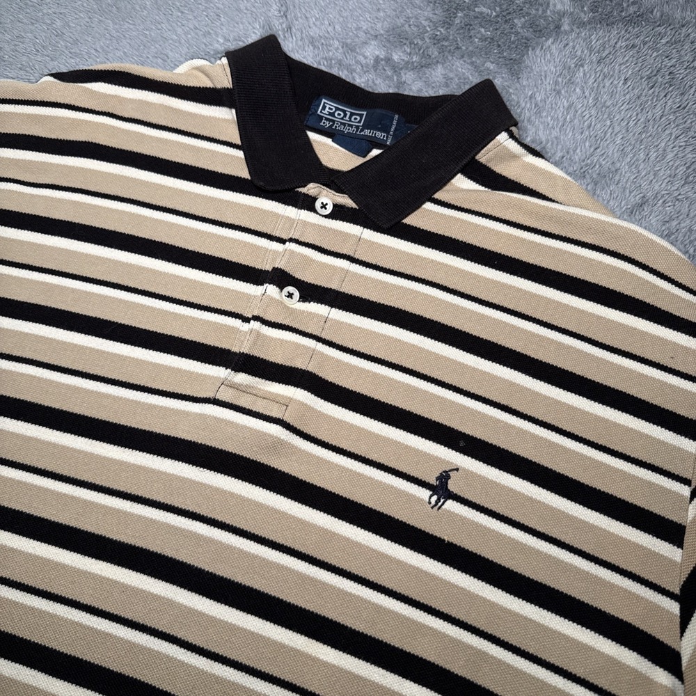 VTG 90s Polo Ralph Lauren Men's Large Black & Beige Striped Short Sleeve Shirt